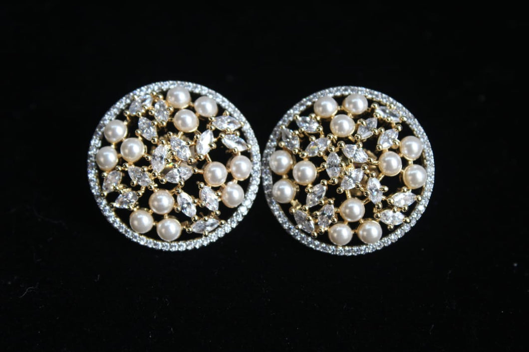 Circular diamond and pearls gold plated Studs Earrings
