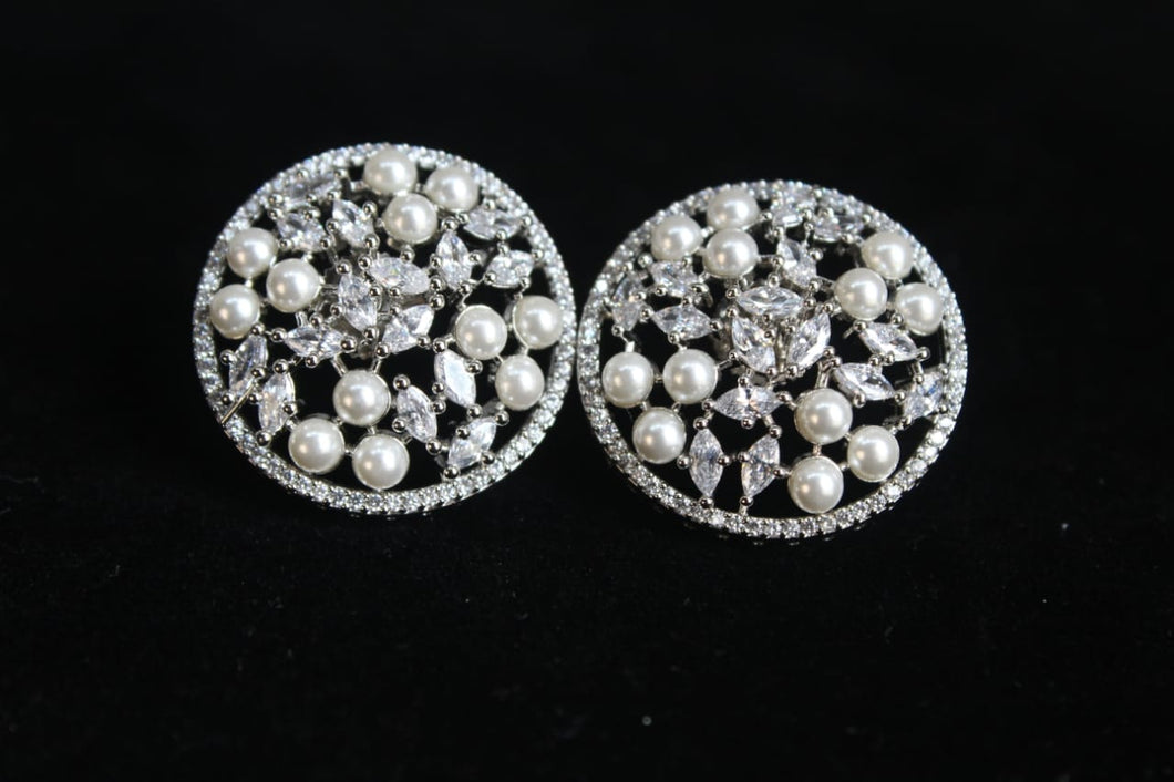 Circular diamond and pearls Silver plated Studs Earrings