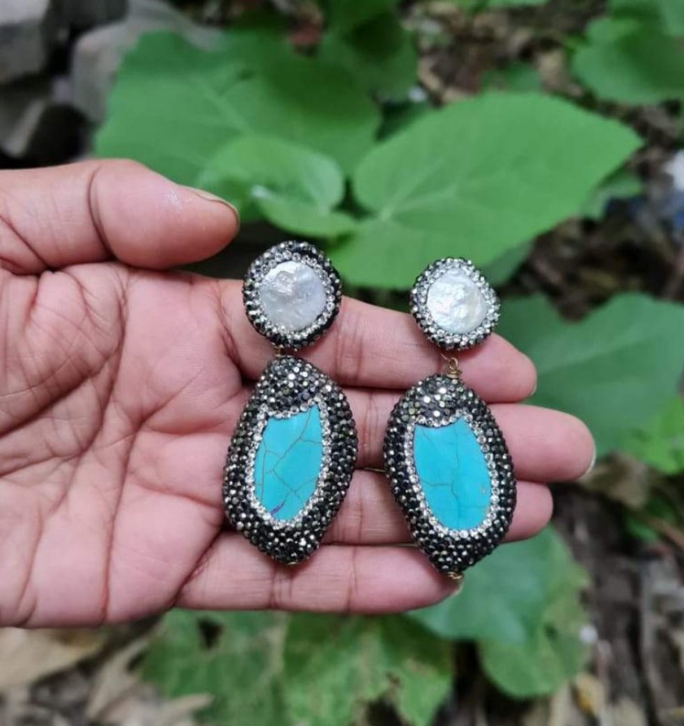 Gemzlane turquoise Stone baroque pearl Danglers earrings