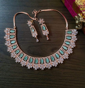 Gemzlane Rosegold  Mint green cz American  diamond Necklace set