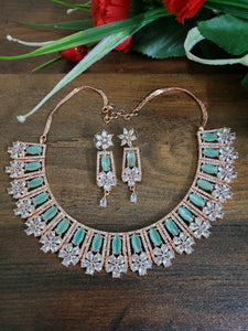 Gemzlane Rosegold  Mint green cz American  diamond Necklace set