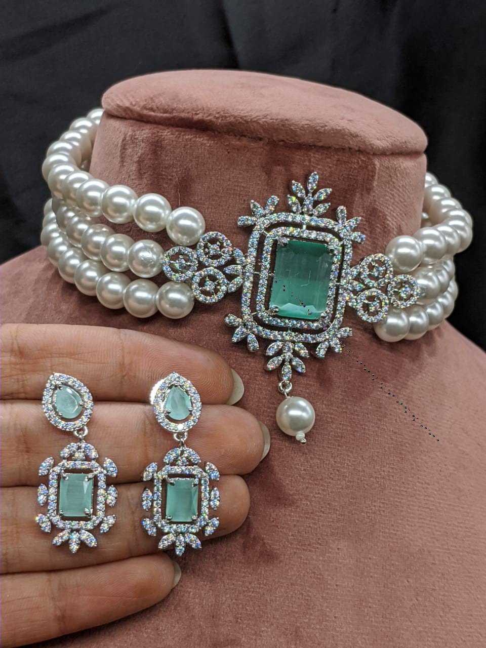 Gemzlane aquamarine  Pearl Choker diamond Necklace  Set