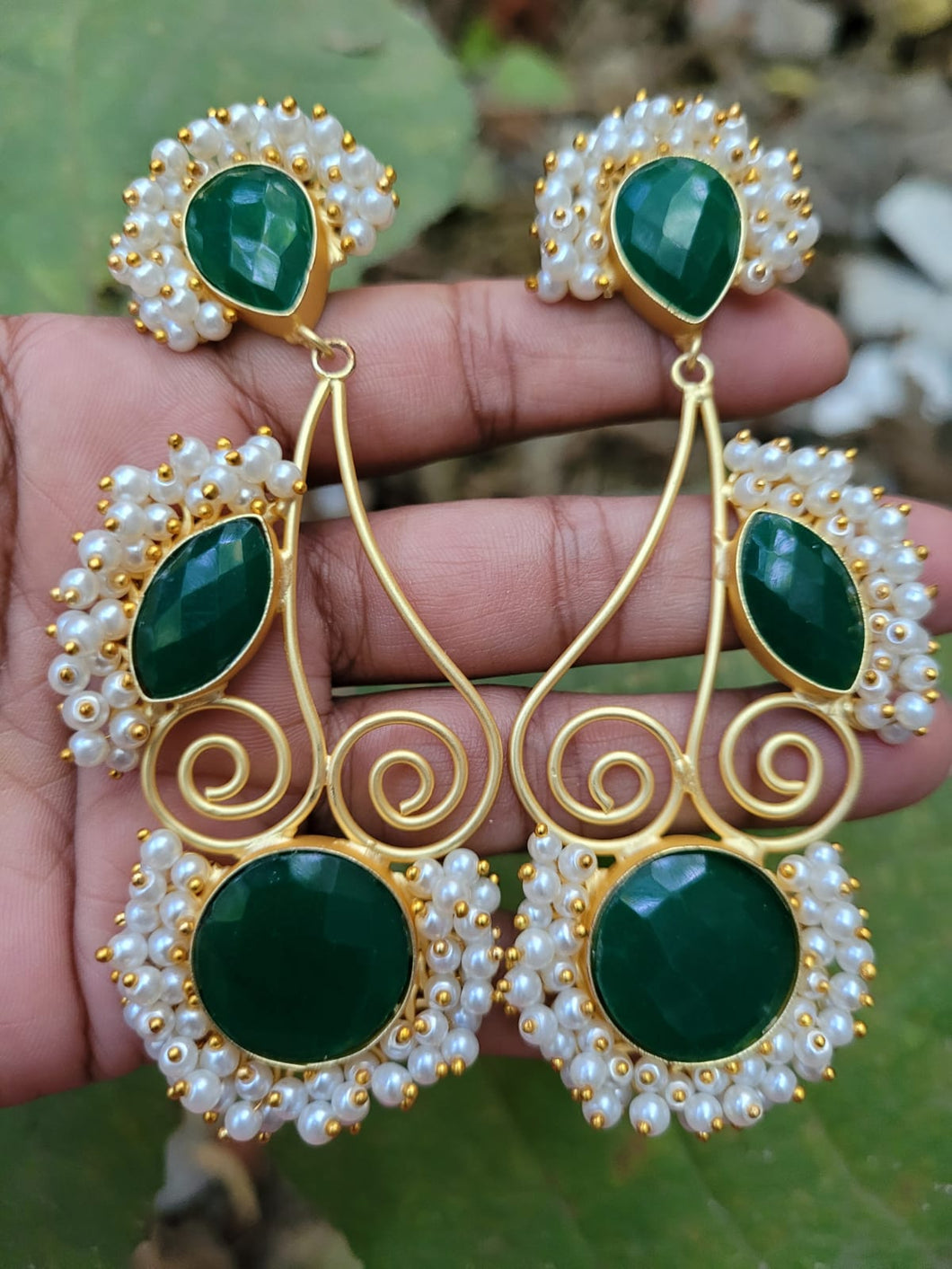 Gemzlane Green Stone Pearl danglers Earrings