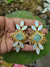 Load image into Gallery viewer, Gemzlane Mint green Stone Mother of pearl danglers Earrings