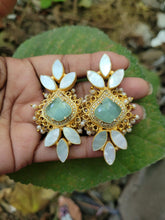 Load image into Gallery viewer, Gemzlane Mint green Stone Mother of pearl danglers Earrings