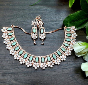 Gemzlane Rosegold  Mint green cz American  diamond Necklace set