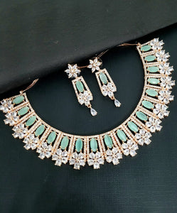 Gemzlane Rosegold  Mint green cz American  diamond Necklace set