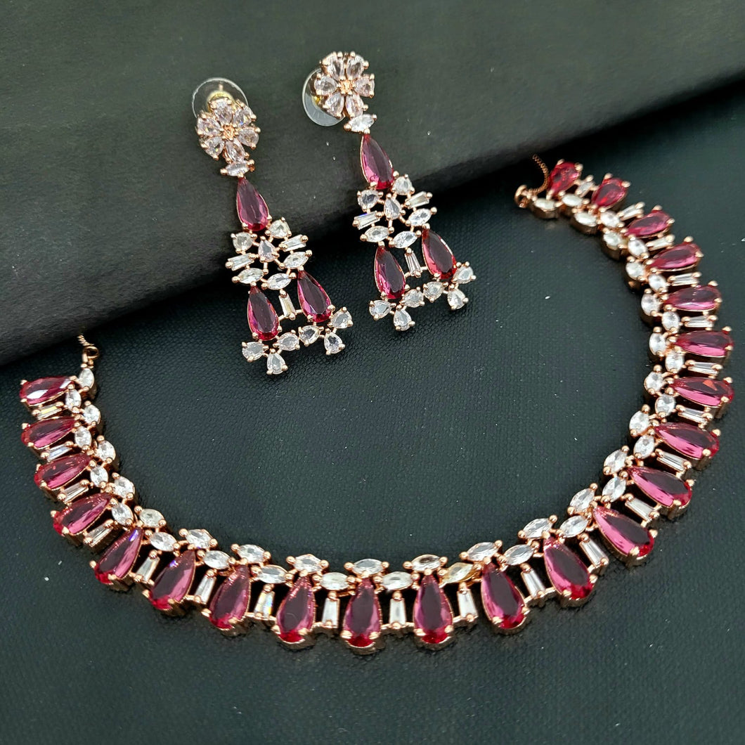 Gemzlane Rosegold Red cz diamond Necklace set