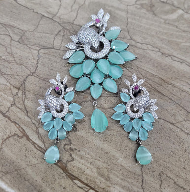 Gemzlane Aqua green peacock Pendant Diamond Necklace Set .