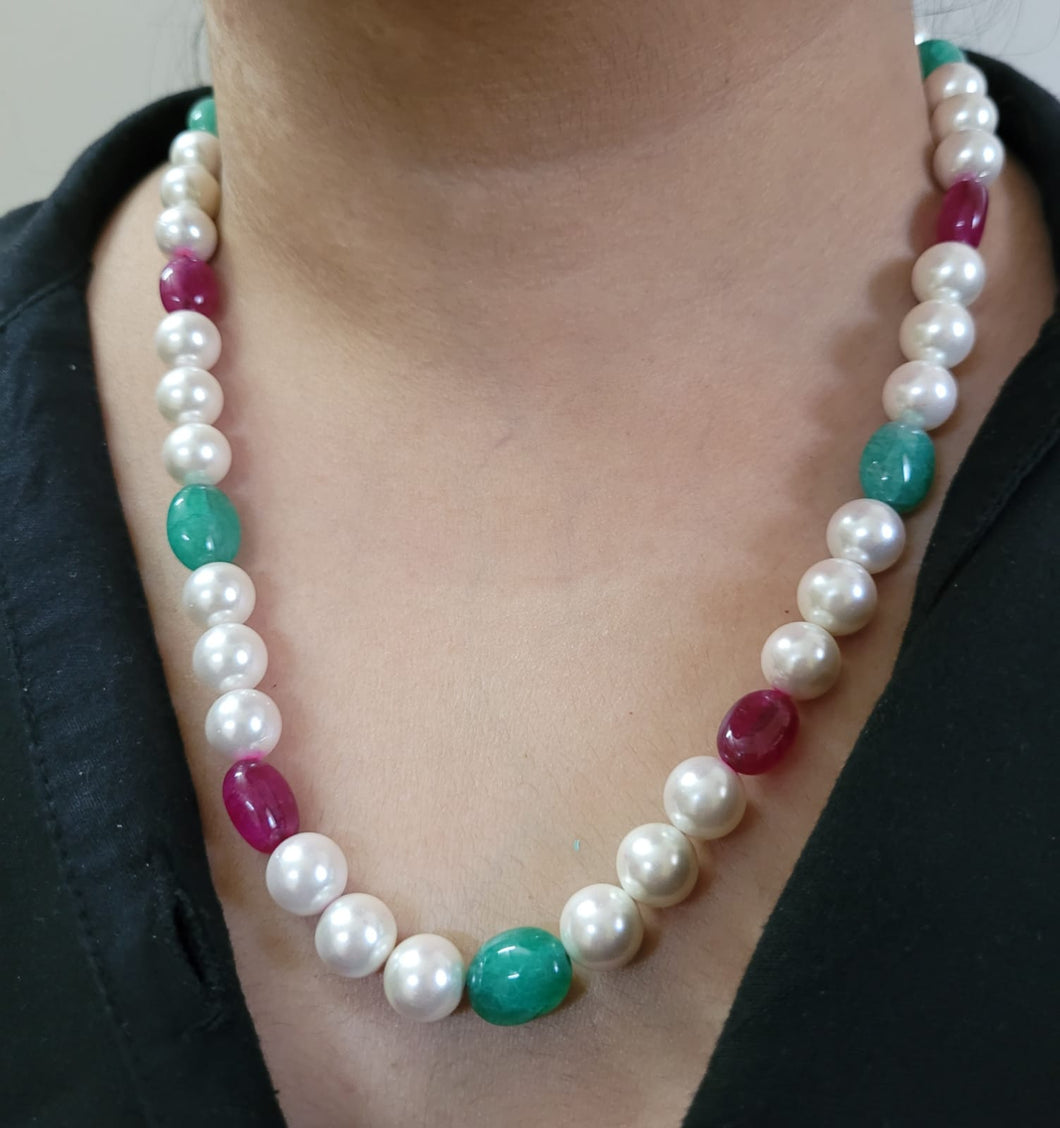 Designer Ruby Emerald Pearl fashion necklace