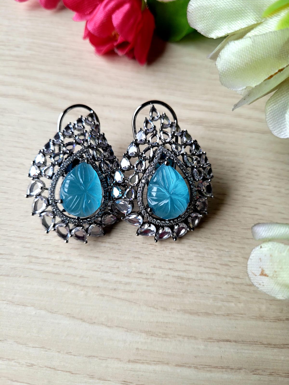 Best silver statement earrings pendant with light blue stone