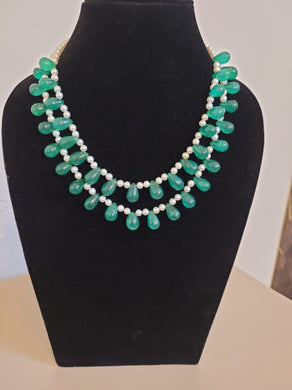 Emerald Drops and Real pearls Double Layered necklace set