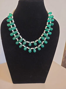 Natural Emerald Green Drops and Precious pearls Double Layered necklace set