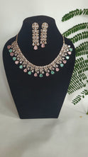 Load image into Gallery viewer, Priyanka Pink mint green Rosegold Diamond Necklace set