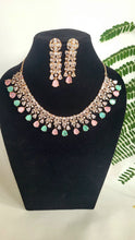 Load image into Gallery viewer, Priyanka Pink mint green Rosegold Diamond Necklace set
