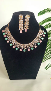 Priyanka Pink mint green Rosegold Diamond Necklace set