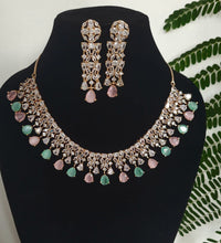 Load image into Gallery viewer, Priyanka Pink mint green Rosegold Diamond Necklace set