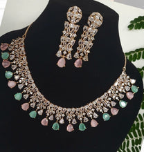 Load image into Gallery viewer, Priyanka Pink mint green Rosegold Diamond Necklace set