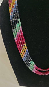 Precious Multigemstone 5 strands  Ruby Emerald Sapphire Rainbow Necklace