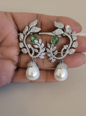 Naina green Stone diamond Pearl Danglers Earrings