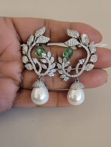 Naina green Stone diamond Pearl Danglers Earrings