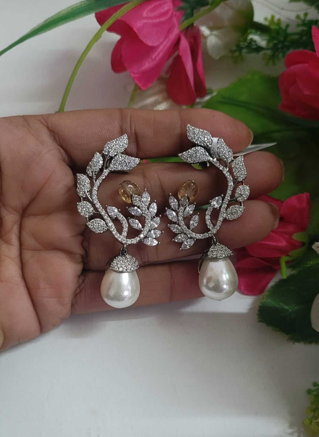 Naina  yellow Stone diamond  Pearl Danglers Earrings