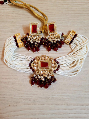 Red Kundan Diamond Choker  Necklace Set