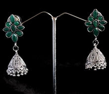 Load image into Gallery viewer, Gemzlane oxidized green stone embellished jhumki - Earrings
