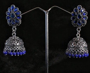 Gemzlane blue stone embellished oxidized jhumki for women and girls - Earrings