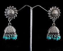 Load image into Gallery viewer, Gemzlane Sun triangular turquoise blue oxidized jhumki for women and girls - Earrings