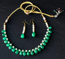 Load image into Gallery viewer, Gemzlane statement precious emerald drops and real pearls necklace set with matching earrings - Necklace