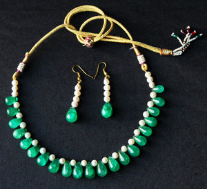 Gemzlane statement precious emerald drops and real pearls necklace set with matching earrings - Necklace