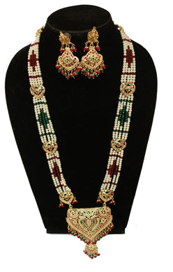 Gorgeous Ruby Emerald and Pearl studded Long Jadau Bridal jewellery Necklace set - Gemzlane