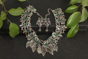 Oxidized Silver tone green peacock fashion necklace - Gemzlane