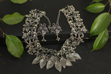 Oxidized Silver tone black peacock fashion necklace - Gemzlane