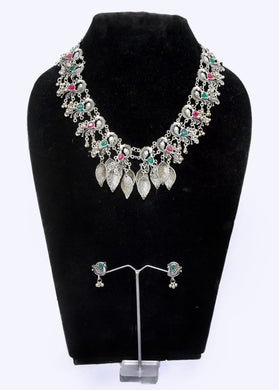 Gemzlane oxidized silver leaf and peacock fashion necklace set for women and girls - Necklace