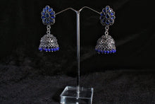 Load image into Gallery viewer, Gemzlane blue stone embellished oxidized jhumki for women and girls - Earrings