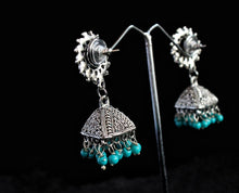 Load image into Gallery viewer, Gemzlane Sun triangular turquoise blue oxidized jhumki for women and girls - Earrings