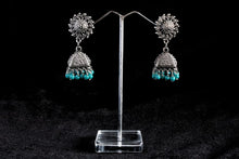 Load image into Gallery viewer, Gemzlane Sun triangular turquoise blue oxidized jhumki for women and girls - Earrings