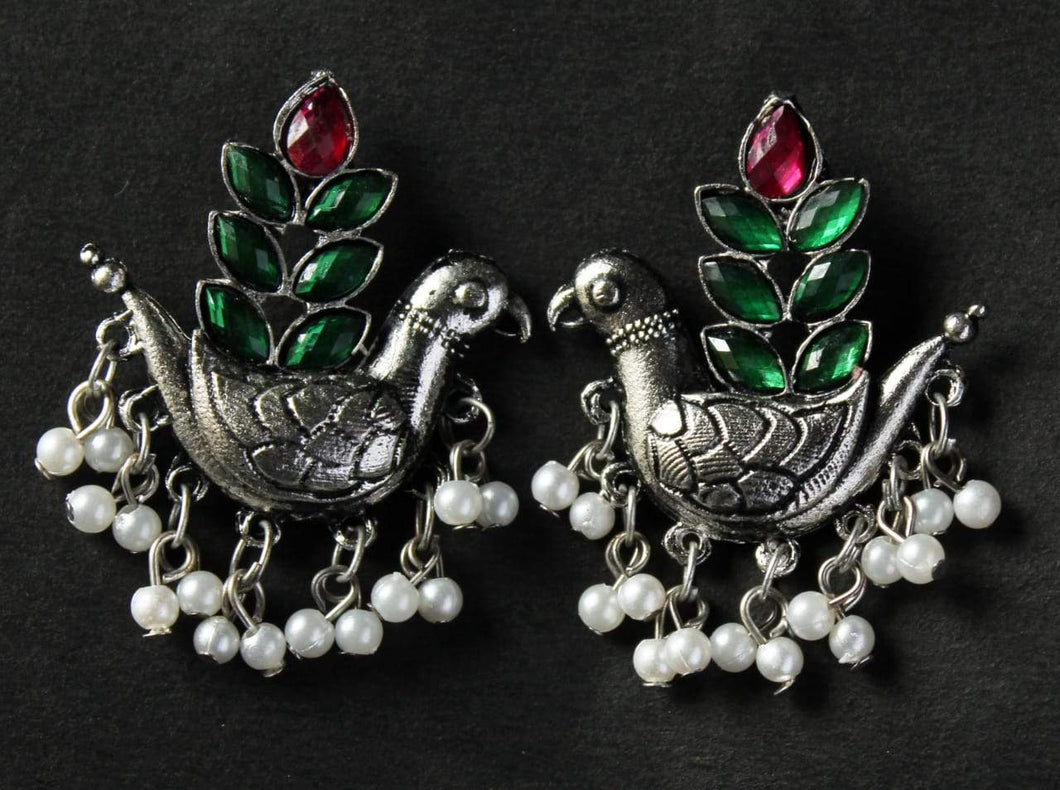 Gemzlane  oxidized peacock pearls danglers earrings for women and girls - Earrings