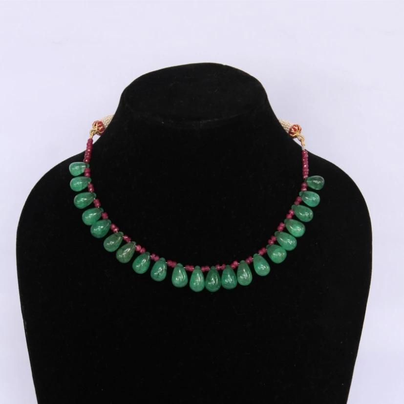 Precious ruby and emerald drops stone necklace with traditional Indian thread