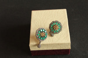 Floral Emerald and american diamonds Studs Earrings - Gemzlane