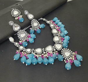 Gemzlane Blue pink Fusion Kundan Polki Diamond Necklace Set