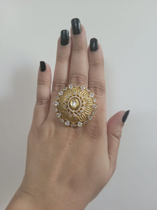 Gemzlane Gold plated  Kundan meenakari Adjustable Cocktail Ring