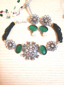 Green Stone Choker Diamond Necklace Set