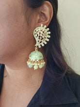 Load image into Gallery viewer, Light Green Meenakari kundan jhumka earrings