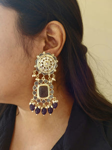 Blue Meenakari kundan jhumka earrings