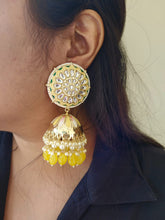 Load image into Gallery viewer, Yellow Meenakari kundan jhumka earrings