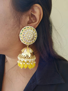 Yellow Meenakari kundan jhumka earrings