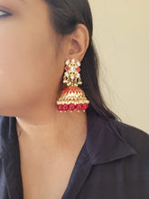 Load image into Gallery viewer, Red Meenakari Kundan Jhumka Earring